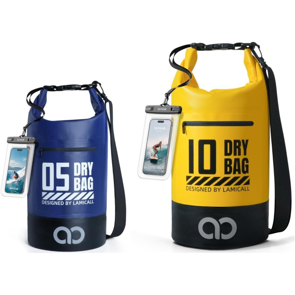 imageLamicall 5L amp 10L Dry Bag Waterproof Backpack Zippered Pocket Roll Top Waterproof Bag Navy Blue amp Lemon Yellow
