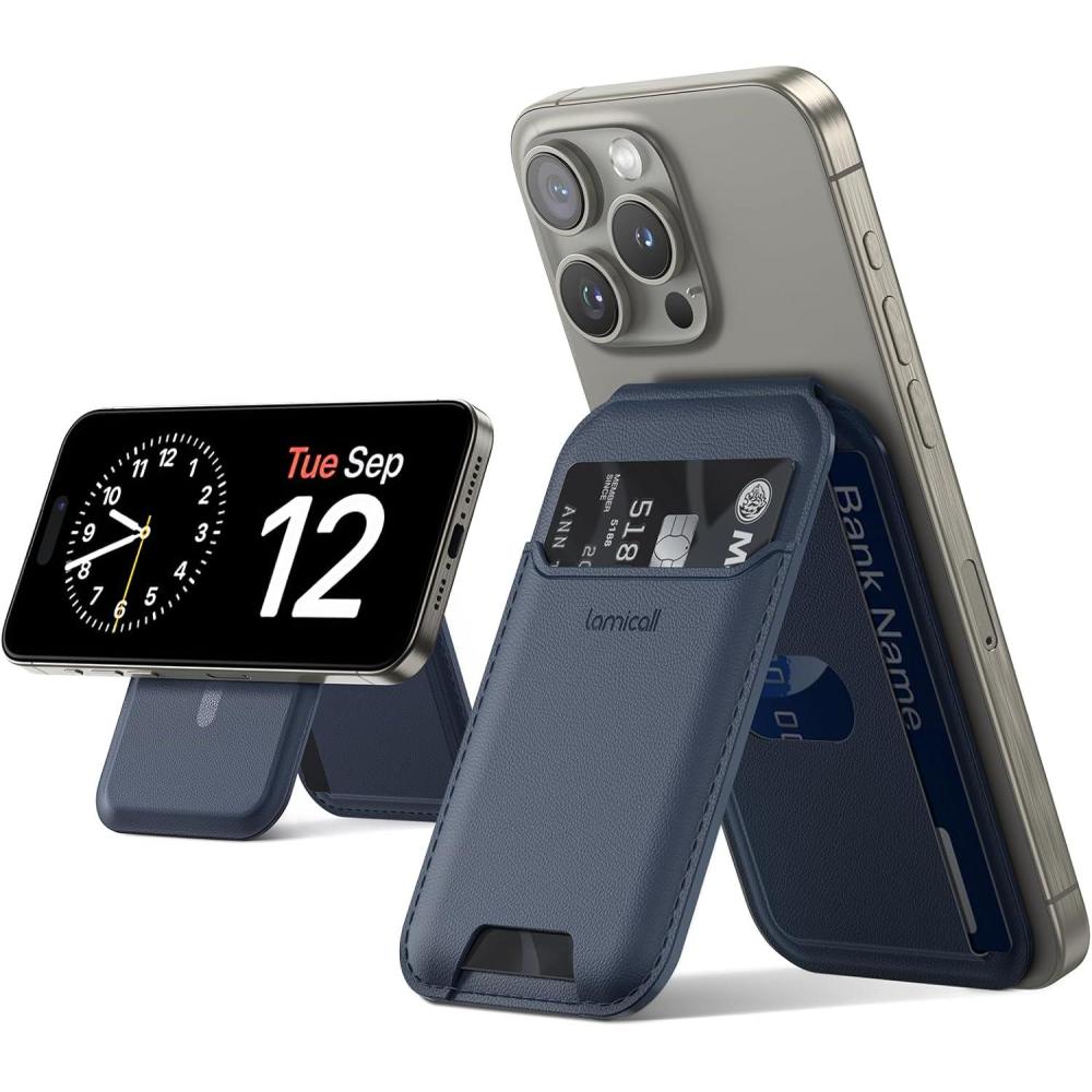 imageLamicall Magnetic Card Wallet Holder for MagSafe 23oz Lightweight Slim Improved Phone Wallet Stand Magnet for Apple iPhone 17161514 Series Not for Mini Mag Safe Accessory Vegan LeatherDark Blue