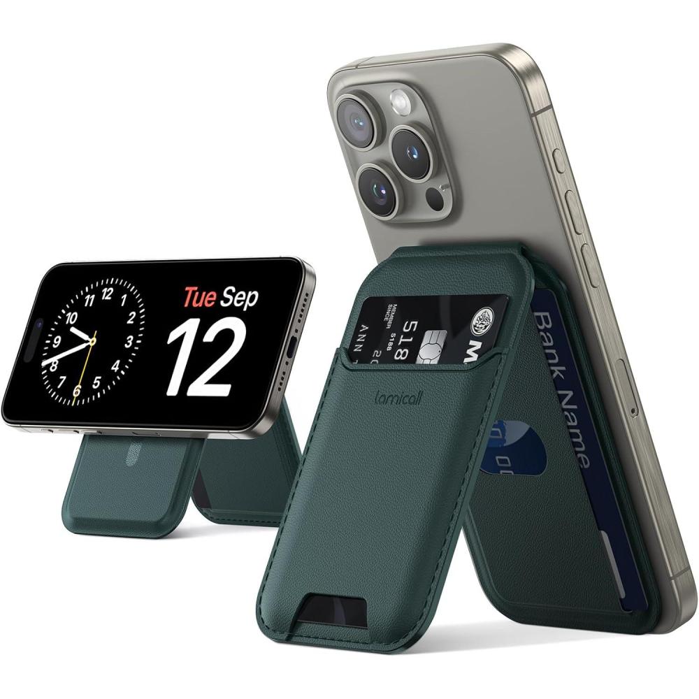 imageLamicall for Magsafe Wallet Stand Upgraded 65g Light Slim Phone 3 Cards Holder Adjustable Leather Apple iPhone Wallet Stand Magnetic for iPhone 15141312 Series Not for Mini Dark Green