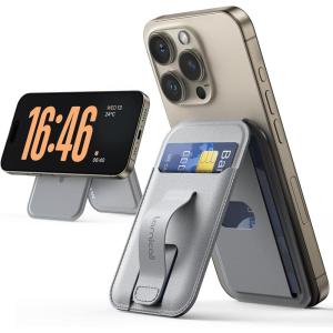 Lamicall 2.4oz Light for MagSafe Wallet – Magnetic Phone Stand, Slim Faux Leather Grip with 3 Card Holder and Finger Loop Grip for iPhone 15/14/13/12 Series, Grey