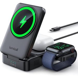 Lamicall 3 in 1 Compact Wireless Charging Station for Apple Magsafe, [Safe Cooling] Foldable Travel Magnetic Charger Stand for iPhone 17 Air 16 15 14 13 12 Series, Airpods Pro, Apple Watch Ultra(Black)