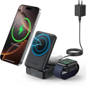 Lamicall 3 in 1 Wireless Charging Station for Apple Magsafe Charger Stand, Compact [Safe Cooling] Foldable Travel Magnetic Charger for iPhone 17 Air 16 15 14 13 12 Series, Airpods Pro, Apple Watch(Black)