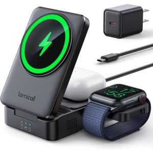 Lamicall 4-in-1 Qi2 Certified Wireless Charging Station for Apple MagSafe, [LED Night Light] 15W Fast Magnetic Charger Stand for iPhone 17 16 15 14 13 12 Series, Apple Watch, Airpods, 30W Adapter(Black)