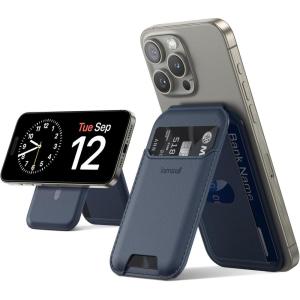 Lamicall Magnetic Card Wallet Holder for MagSafe – [2.3oz Lightweight Slim] Improved Phone Wallet Stand, Magnet for Apple iPhone 17/16/15/14 Series, Not for Mini, Mag Safe Accessory, Vegan Leather(Dark Blue)