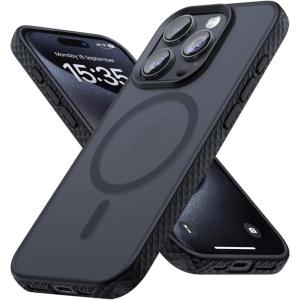 Lamicall Magnetic Case for iPhone 15 Pro, for Magsafe – [Diamond Textured Anti-Slip Edge] [Military Grade Shockproof Protection] Translucent Hard Slim Magnet Protective Cover for iPhone 15 Pro(Black)