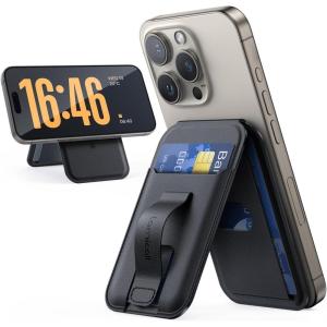 Lamicall Magnetic Phone Stand – Slim Faux Leather Grip for Apple MagSafe Wallet, Magnet 3 Cards Holder, Finger Loop Grip for iPhone 15/14/13/12 Series, Black