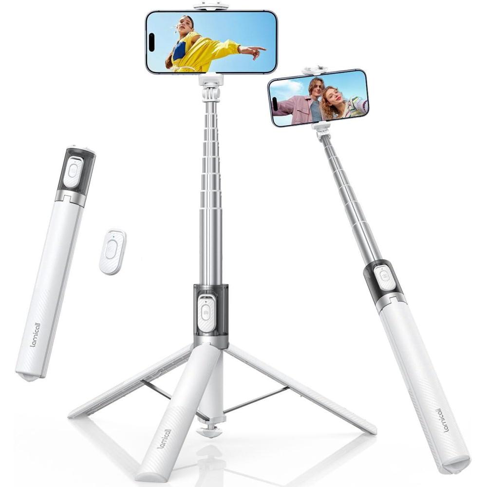 imageLamicall Phone Tripod amp Selfie Stick TaptoOpen Phone Stand for Recording Extendable iPhone Tripod Stand with Remote amp Cold Shoe Compatible with iPhone for Video Recording Live Stream Vlog BlackNEW Upgraded White