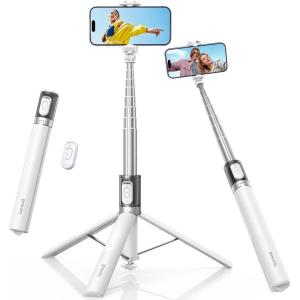 Lamicall Phone Tripod & Selfie Stick – [Tap-to-Open] Phone Stand for Recording, Extendable iPhone Tripod Stand with Remote & Cold Shoe Compatible with iPhone for Video Recording Live Stream Vlog Black(NEW Upgraded – White)