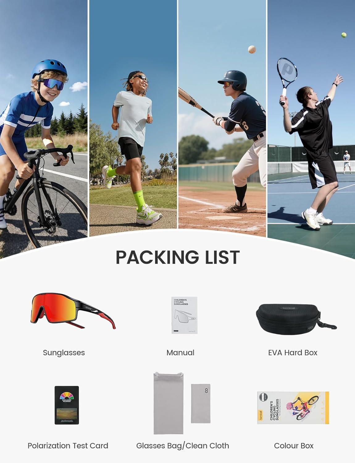 imageLamicall Polarized Sport Sunglasses for Age 814 Kids UV400 Protection Baseball Cycling Sun Glasses for Boys Girls TeensBlack Framered Lens