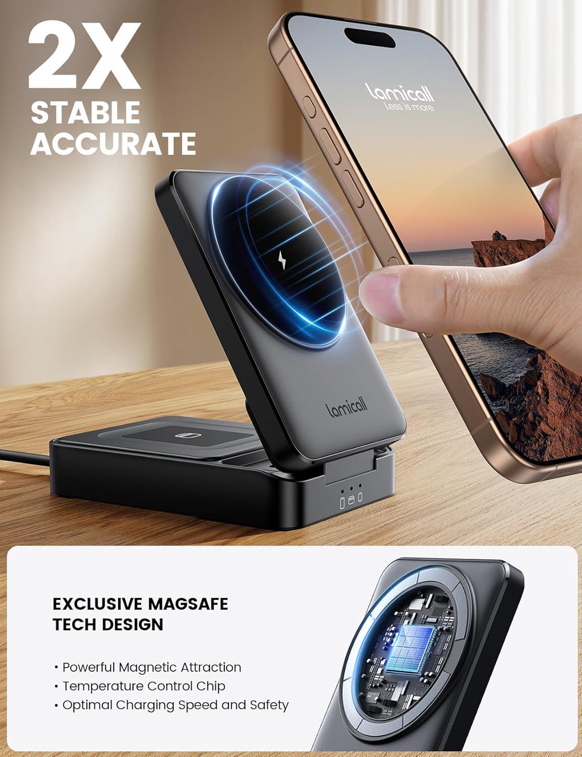 imageLamicall Qi2 Certified Foldable 3 in 1 Wireless Charging Station 15W Fast Charge amp Upgraded Cooling Compact Travel Magnetic Charger Stand for iPhone 17e 17 16 15 14 13 AirPods Pro Apple WatchBlack
