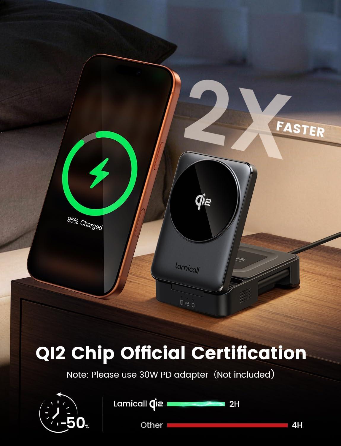 imageLamicall Qi2 Certified Foldable 3 in 1 Wireless Charging Station 15W Fast Charge amp Upgraded Cooling Compact Travel Magnetic Charger Stand for iPhone 17e 17 16 15 14 13 AirPods Pro Apple WatchBlack