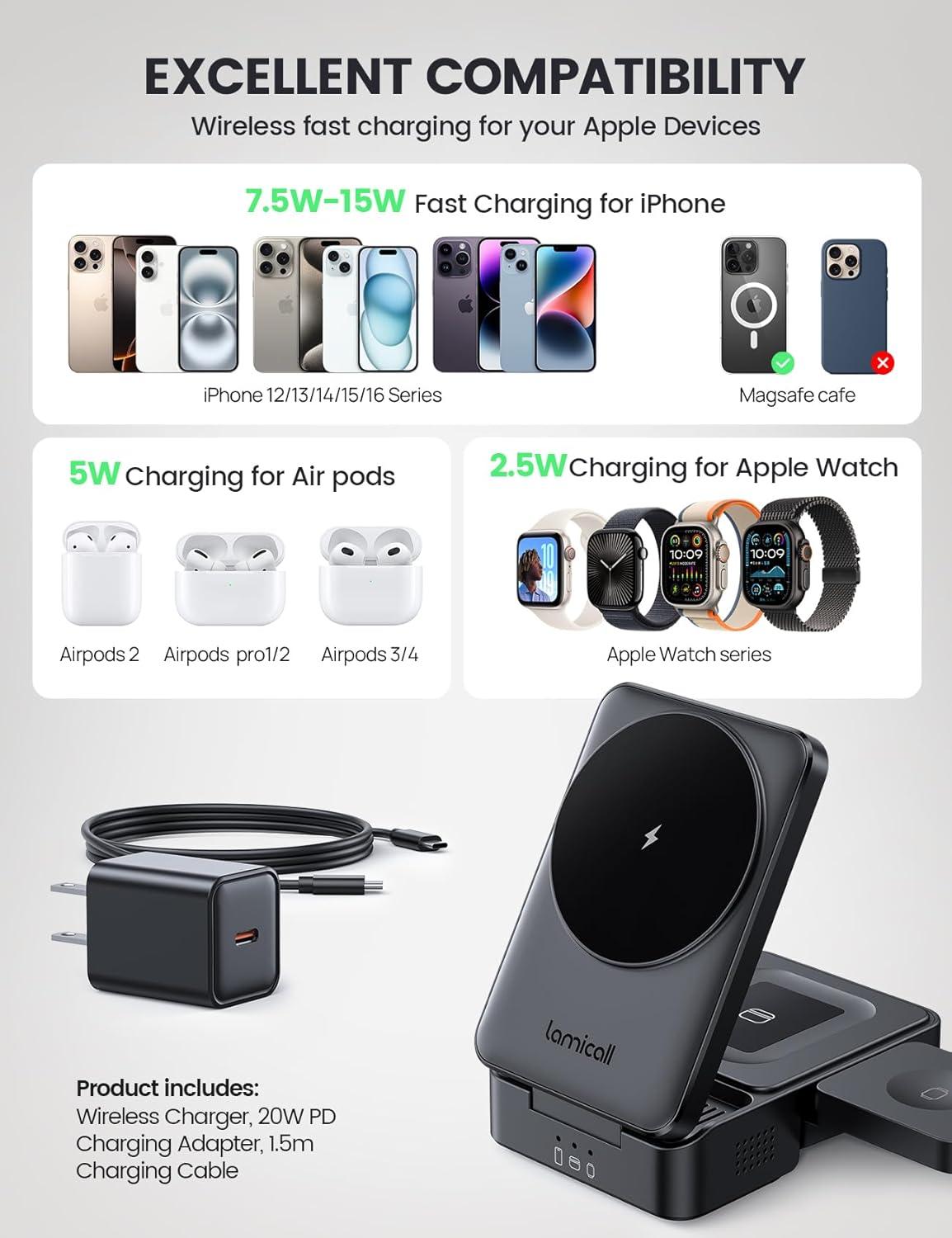 imageLamicall Qi2 Certified Foldable 3 in 1 Wireless Charging Station 15W Fast Charge amp Upgraded Cooling Compact Travel Magnetic Charger Stand for iPhone 17e 17 16 15 14 13 AirPods Pro Apple WatchBlack