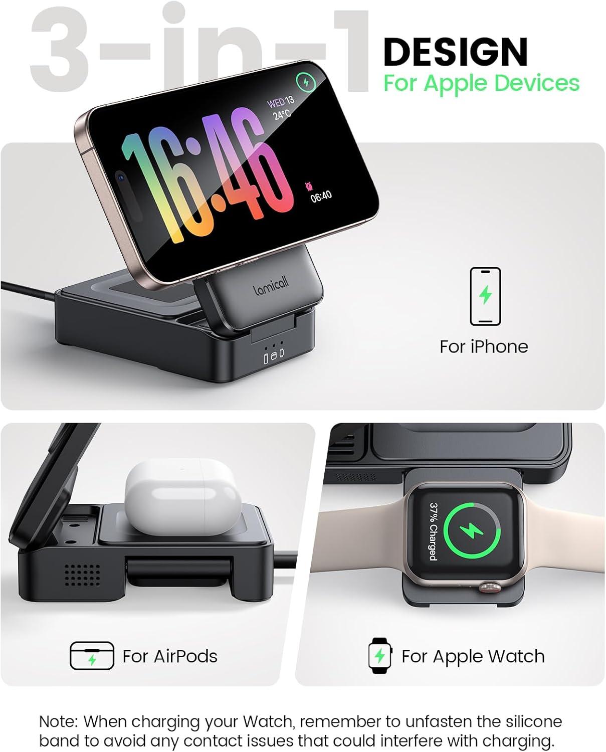 imageLamicall Qi2 Certified Foldable 3 in 1 Wireless Charging Station 15W Fast Charge amp Upgraded Cooling Compact Travel Magnetic Charger Stand for iPhone 17e 17 16 15 14 13 AirPods Pro Apple WatchBlack