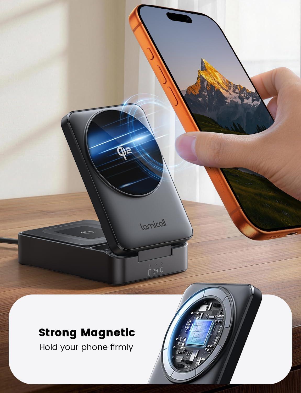 imageLamicall Qi2 Certified Foldable 3 in 1 Wireless Charging Station 15W Fast Charge amp Upgraded Cooling Compact Travel Magnetic Charger Stand for iPhone 17e 17 16 15 14 13 AirPods Pro Apple WatchBlack