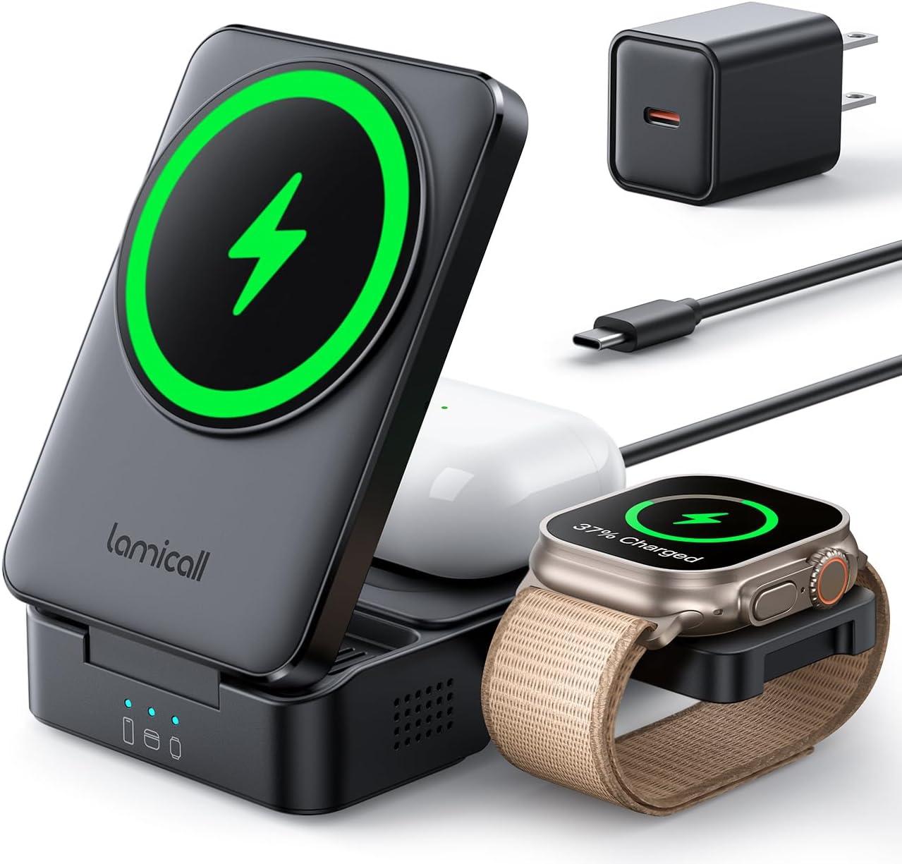imageLamicall Qi2 Certified Foldable 3 in 1 Wireless Charging Station 15W Fast Charge amp Upgraded Cooling Compact Travel Magnetic Charger Stand for iPhone 17e 17 16 15 14 13 AirPods Pro Apple WatchBlack