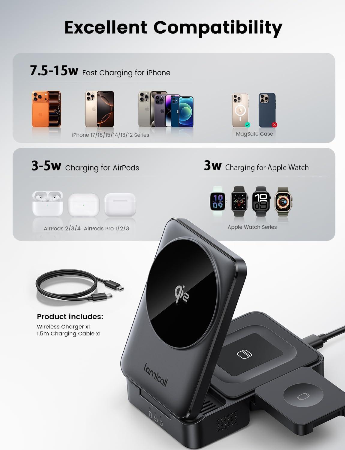 imageLamicall Qi2 Certified Foldable 3 in 1 Wireless Charging Station 15W Fast Charge amp Upgraded Cooling Compact Travel Magnetic Charger Stand for iPhone 17e 17 16 15 14 13 AirPods Pro Apple WatchBlack