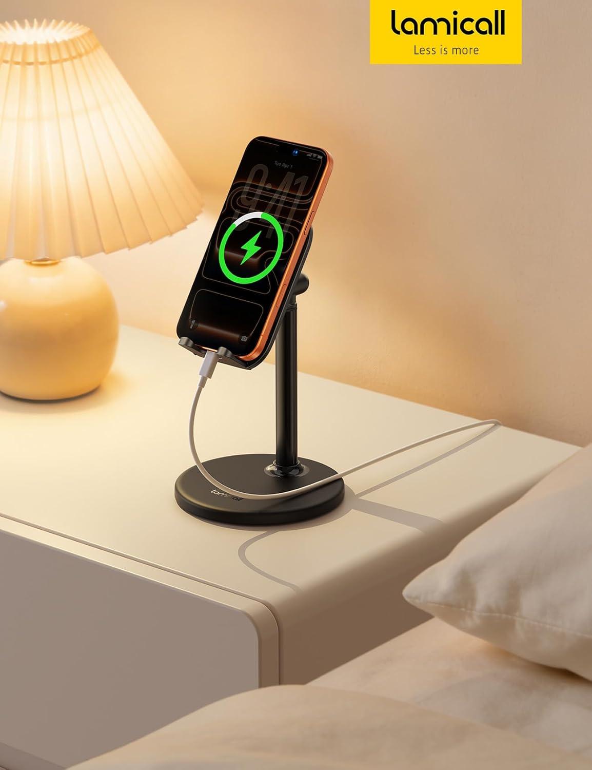 imageLamicall Cell Phone Stand for Desk Height Angle Adjustable Sturdy Desktop Phone Holder Office Gift Accessories PC Gaming Essentials for iPhone 17 16 15 14 13 Pro Max iPad Tablet Switch 412Black