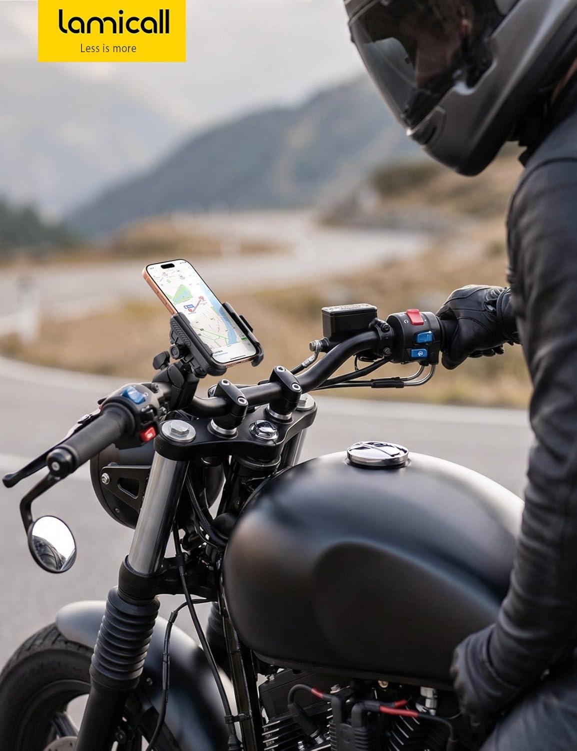 imageLamicall Motorcycle Bike Phone Mount Dual Vibration Dampener Camera Friendly Bike Phone Holder Handlebar Clamp Bicycle Cell Phone Mount iPhone 17 16 Pro Max Galaxy S25 Ultra 672 Phones