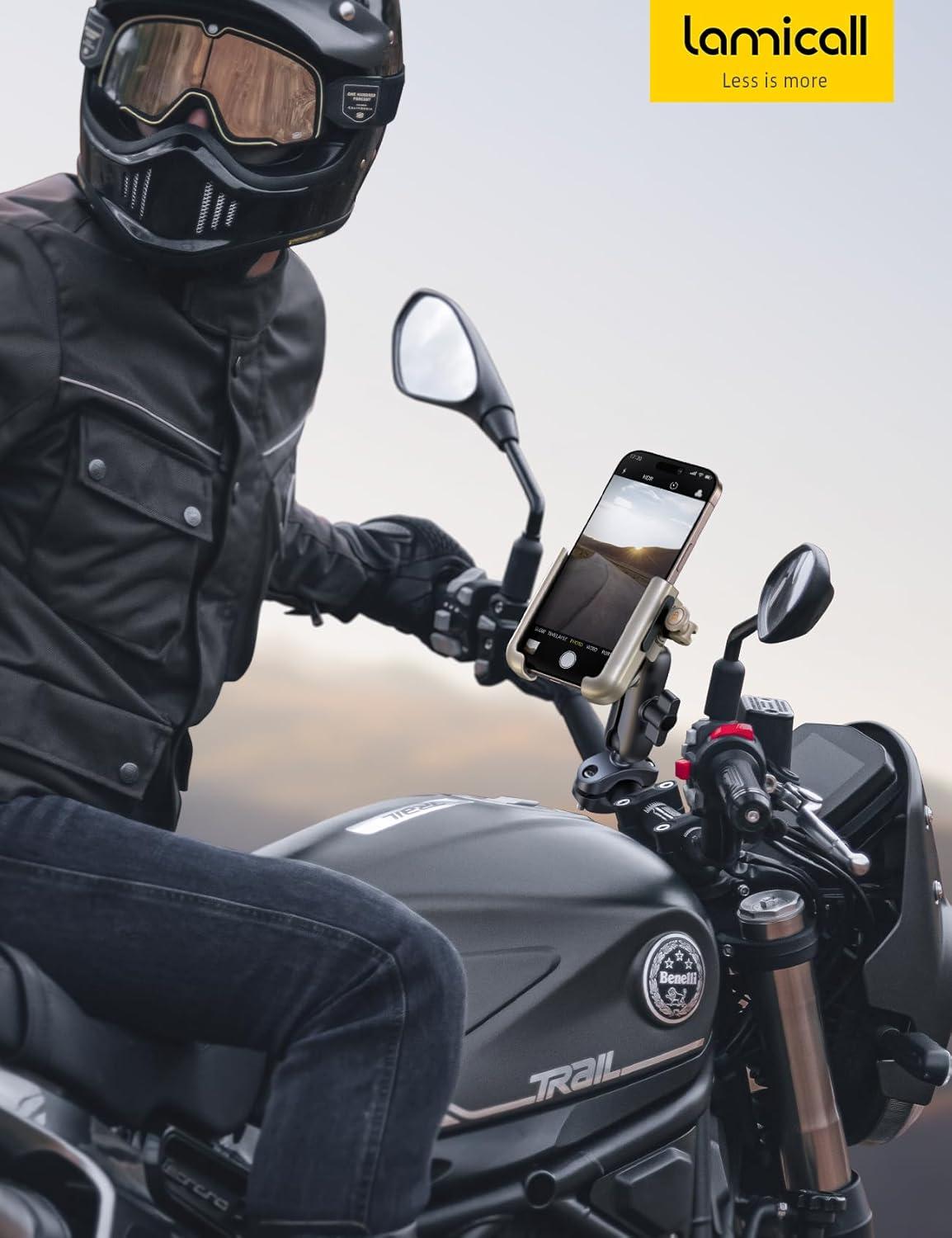 imageLamicall Motorcycle Phone Mount Holder All Metal Anti Shake Extendable Arm Bike Phone Holder Handlebar Clamp Bicycle Cell Phone Mount Gifts for iPhone 17 16 Pro Max Galaxy 4772 PhonesGold