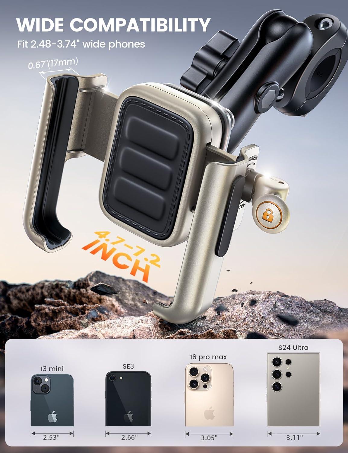 imageLamicall Motorcycle Phone Mount Holder All Metal Anti Shake Extendable Arm Bike Phone Holder Handlebar Clamp Bicycle Cell Phone Mount Gifts for iPhone 17 16 Pro Max Galaxy 4772 PhonesGold