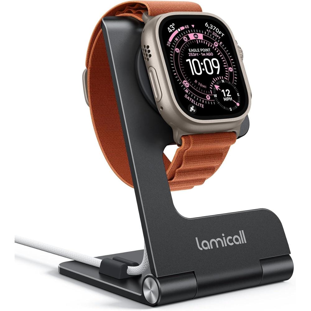 imageLamicall Foldable Apple Watch Stand for Charger  Aluminum Desk Watch Charging Stand Dock with Cable Organizer Portable Travel Holder for iWatch Series 111 Series Ultra SE Charger Not IncludedMisty Black