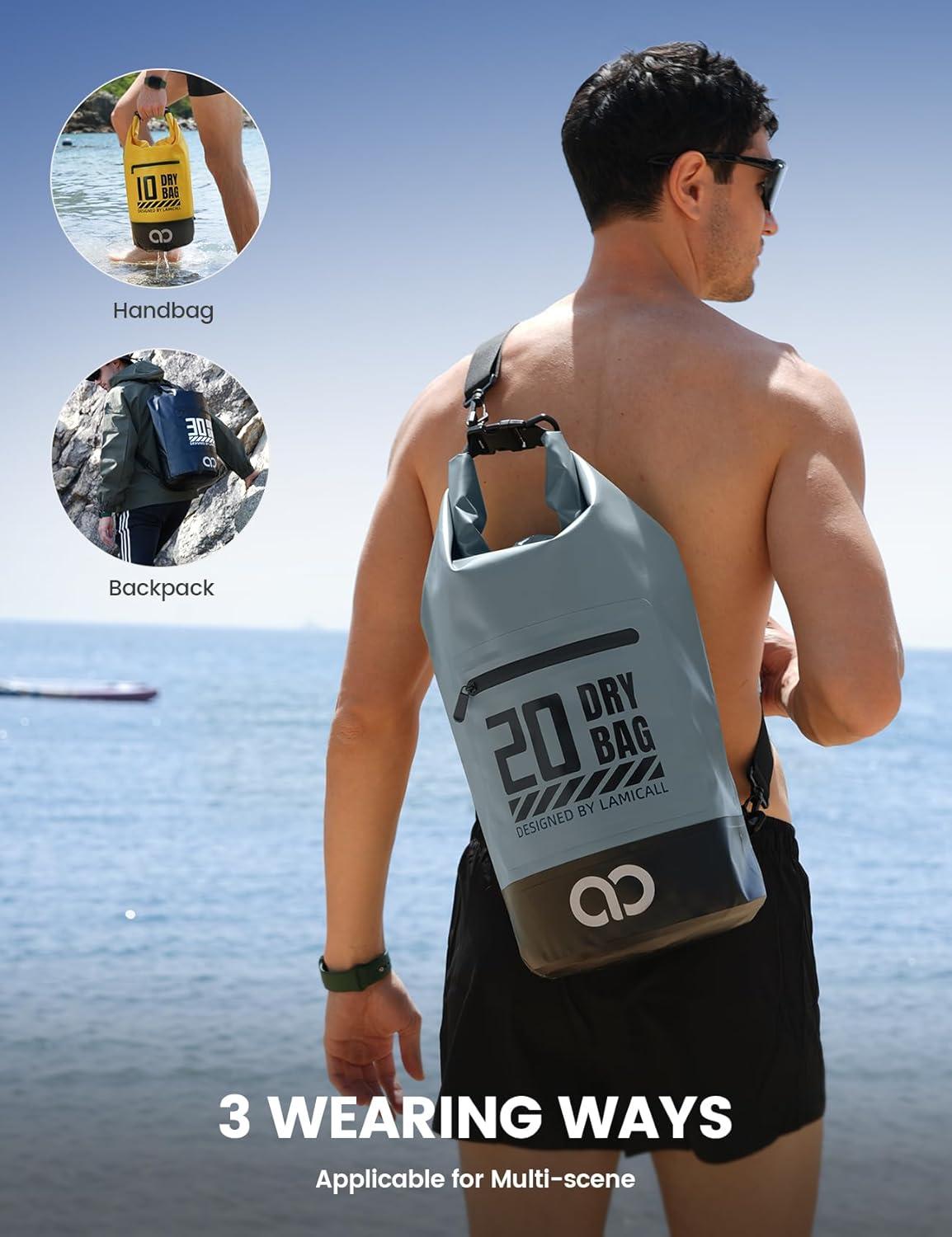 imageLamicall 5L amp 30L Dry Bag Waterproof Backpack Zippered Pocket Roll Top Waterproof Bag Blueish Gray amp Black