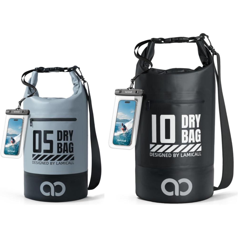 imageLamicall 5L amp 10L Dry Bag Waterproof Backpack Zippered Pocket Roll Top Waterproof Bag Blueish Gray amp Black