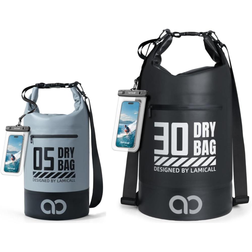 imageLamicall 5L amp 30L Dry Bag Waterproof Backpack Zippered Pocket Roll Top Waterproof Bag Blueish Gray amp Black