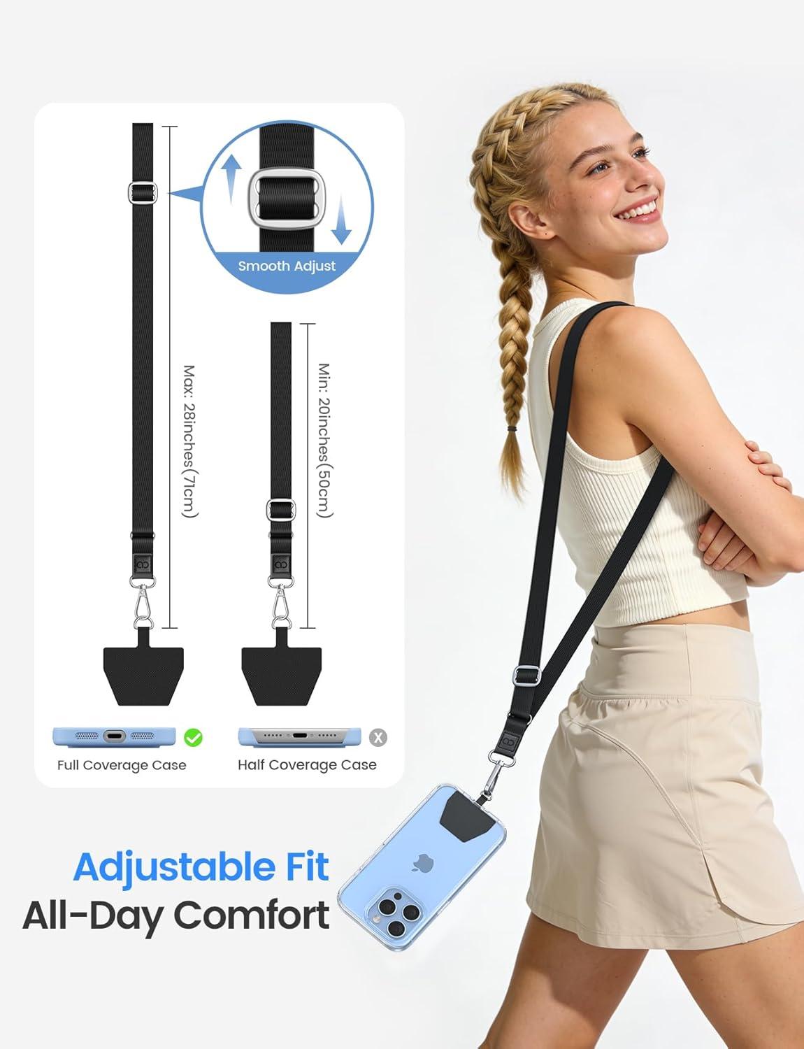 imageLamicall Cell Phone Lanyard Crossbody 2 Pack Adjustable Thicker SoftTouch Strap with 2 Patches Anti Theft Neck Lanyard with Large Zinc Alloy Swivel Hook for iPhone 17 16 15 Pro Max AndroidBlack