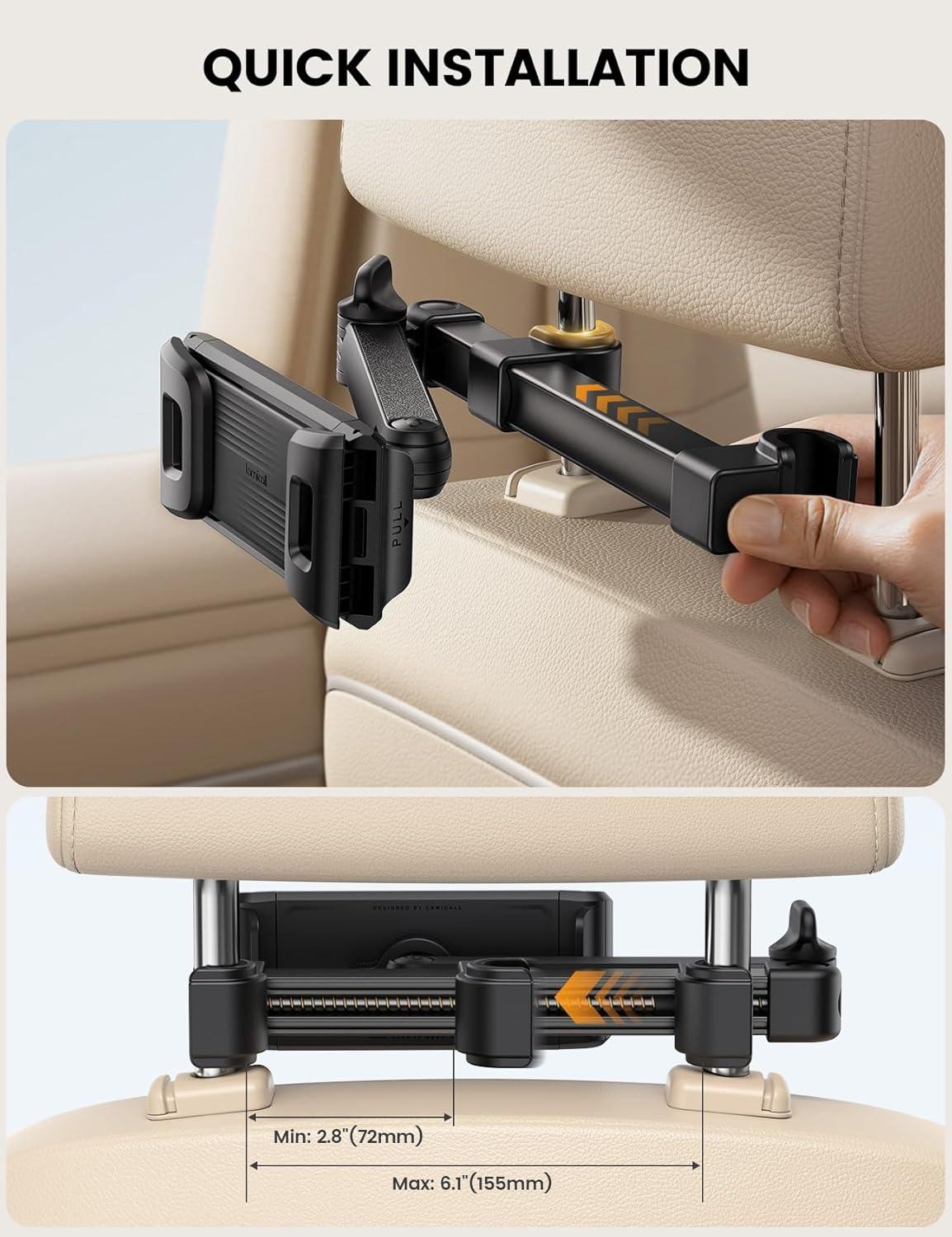 imageLamicall Car Headrest Tablet Holder Foldable Clip Lockable Tablet Mount for Car Backseat Car Accessories for Kids for iPad Pro Air Mini Galaxy Tab Fire HD 5413 Tablets and Phones