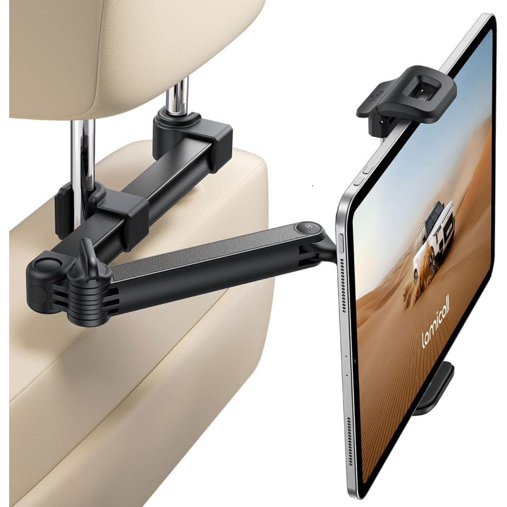imageLamicall Car Headrest Tablet Holder Foldable Clip Lockable Tablet Mount for Car Backseat Car Accessories for Kids for iPad Pro Air Mini Galaxy Tab Fire HD 5413 Tablets and Phones