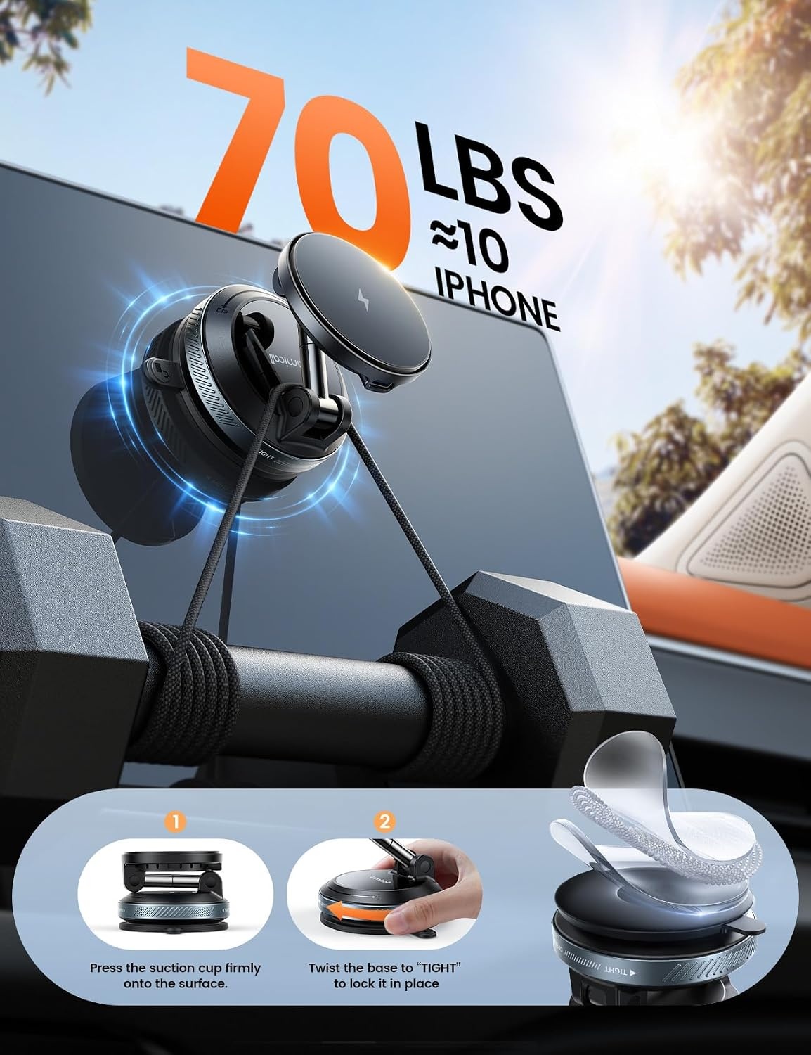 image:imageLamicall 15W for MagSafe Car Mount Charger Dual USBC Ports Magnetic Phone Holder for Car Magnetic Wireless Car Charger Vacuum Suction Cup Phone Mount for iPhone 17 Pro Max 16 15 14 Pads Black64mm