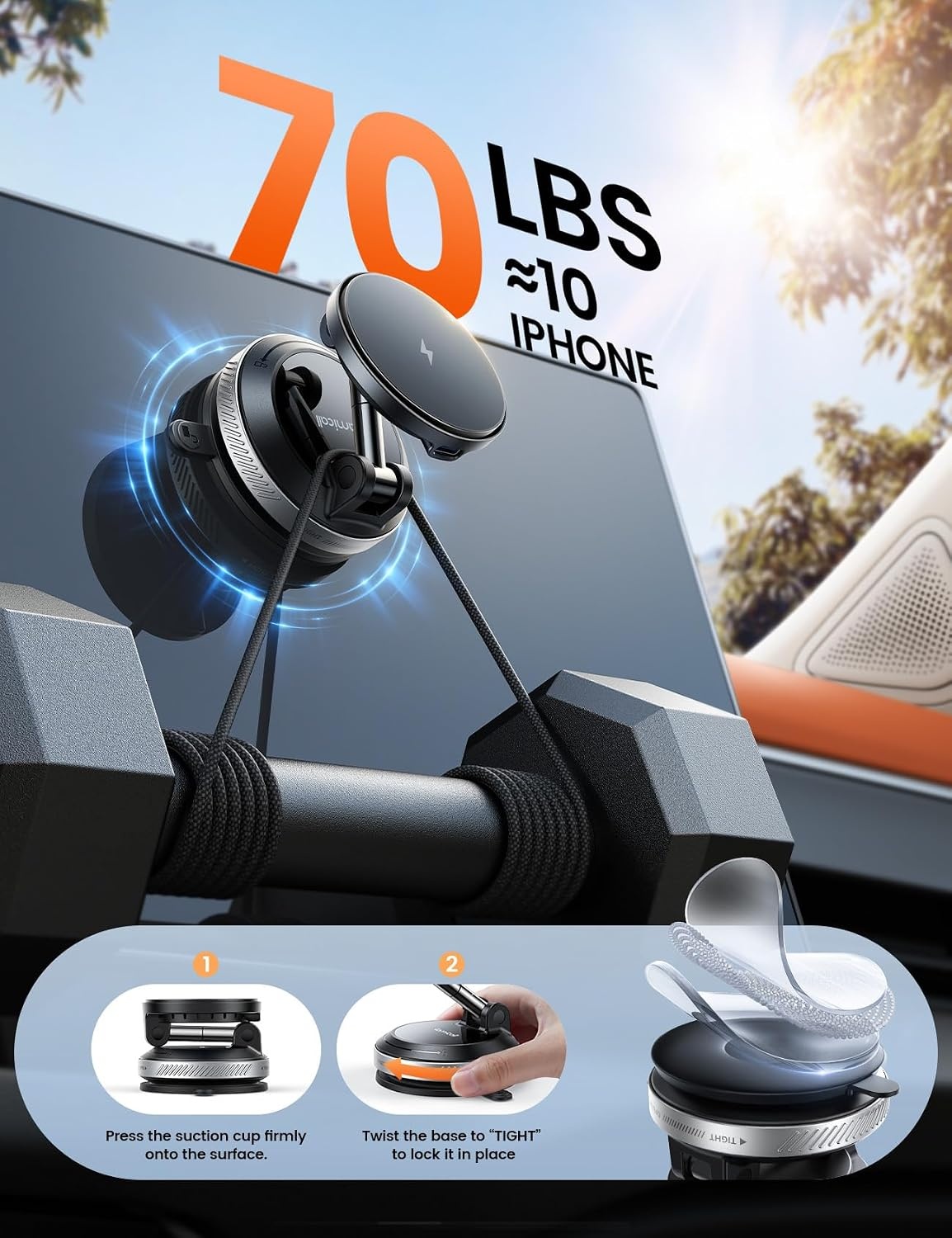 image:imageLamicall 15W for MagSafe Car Mount Charger Dual USBC Ports Magnetic Phone Holder for Car Magnetic Wireless Car Charger Vacuum Suction Cup Phone Mount for iPhone 17 Pro Max 16 15 14 Pads BlackNEW Upgraded 63mm