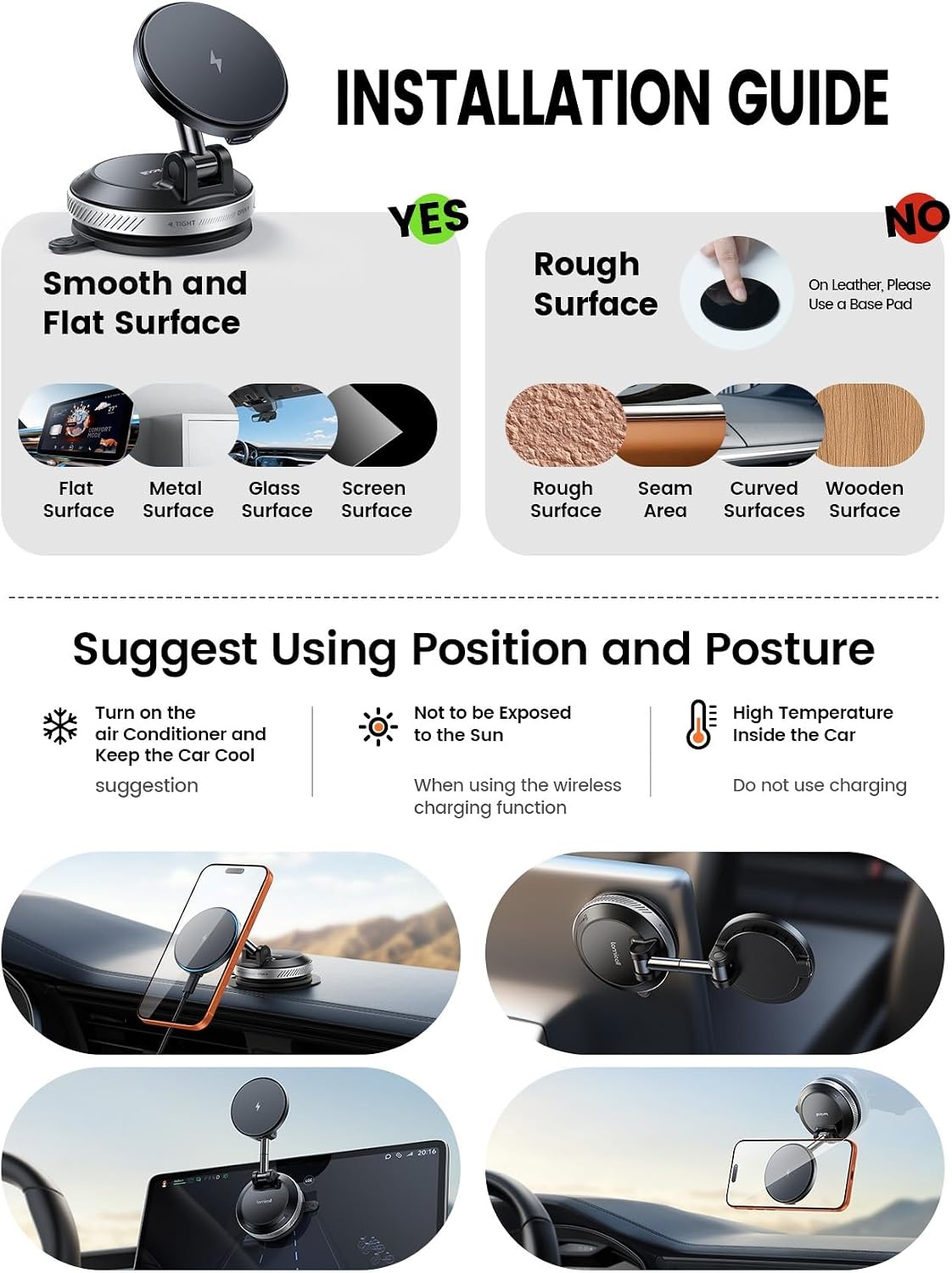 image:imageLamicall 15W for MagSafe Car Mount Charger Dual USBC Ports Magnetic Phone Holder for Car Magnetic Wireless Car Charger Vacuum Suction Cup Phone Mount for iPhone 17 Pro Max 16 15 14 Pads BlackNEW Upgraded 63mm
