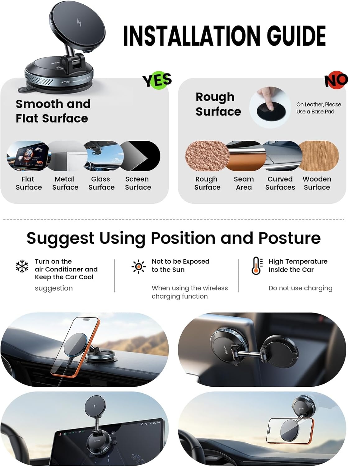 image:imageLamicall 15W for MagSafe Car Mount Charger Dual USBC Ports Magnetic Phone Holder for Car Magnetic Wireless Car Charger Vacuum Suction Cup Phone Mount for iPhone 17 Pro Max 16 15 14 Pads Black64mm
