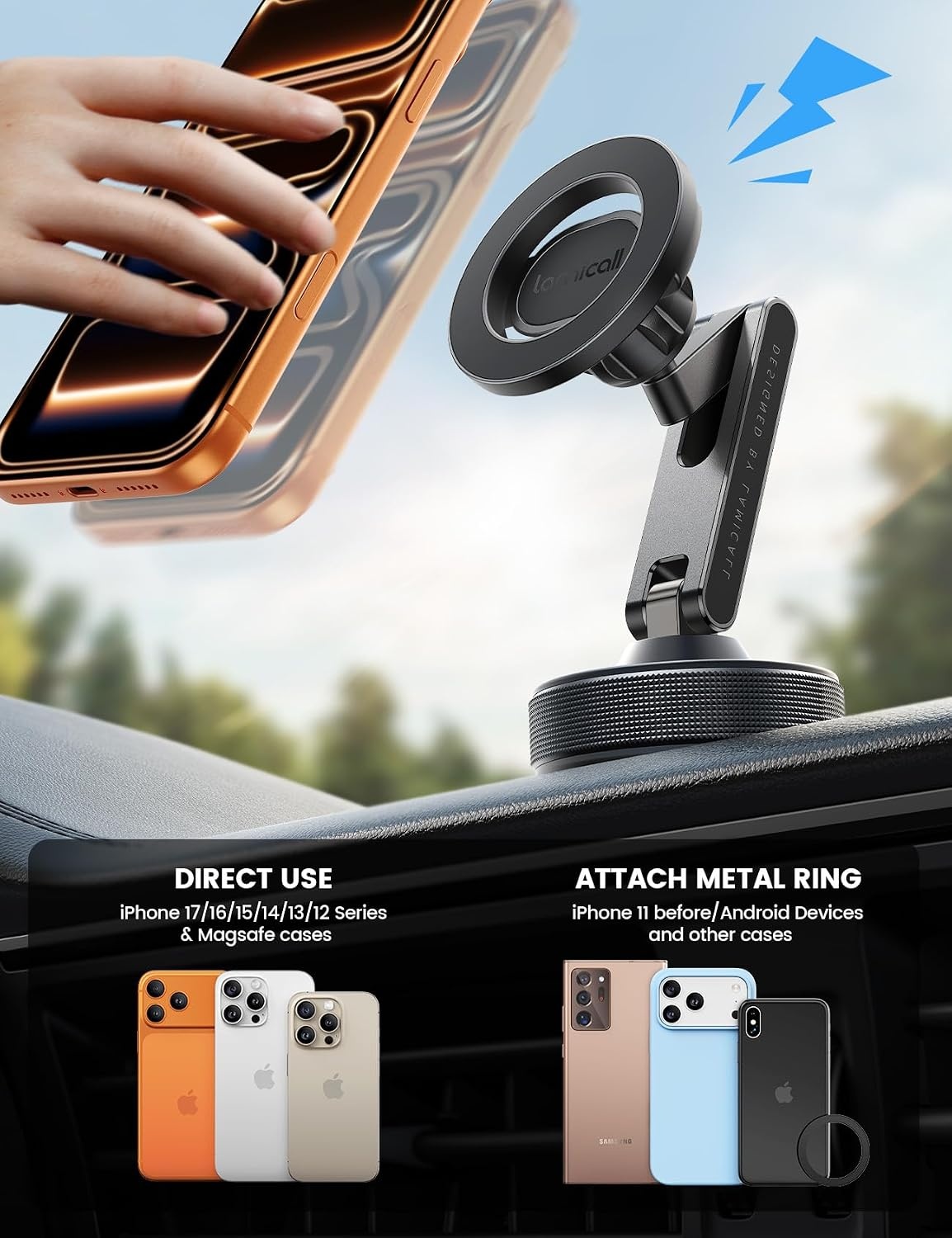 image:imageLamicall Car Phone Holder for Magsafe Ultra Nano Gel amp 70LBS Vacuum Suction 360 Magnetic Phone Holder for Car 3Axis Suction Cup Phone Mount Dashboard Windshield Car Mount for iPhone 17 Pro MaxBlack