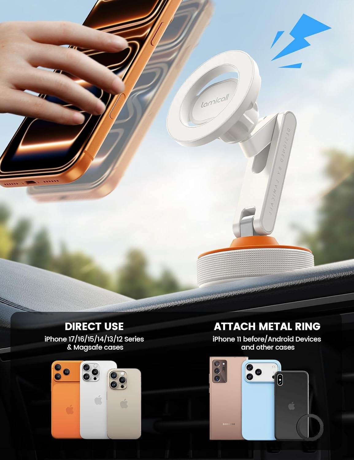 image:imageLamicall Car Phone Holder for Magsafe Ultra Nano Gel amp 70LBS Vacuum Suction 360 Magnetic Phone Holder for Car 3Axis Suction Cup Phone Mount Dashboard Windshield Car Mount for iPhone 17 Pro MaxNEW Upgraded White