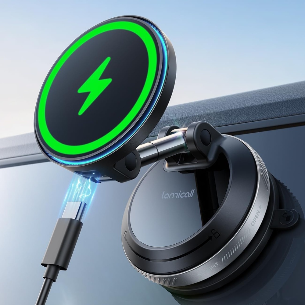 image:imageLamicall 15W for MagSafe Car Mount Charger Dual USBC Ports Magnetic Phone Holder for Car Magnetic Wireless Car Charger Vacuum Suction Cup Phone Mount for iPhone 17 Pro Max 16 15 14 Pads BlackNEW Upgraded 63mm