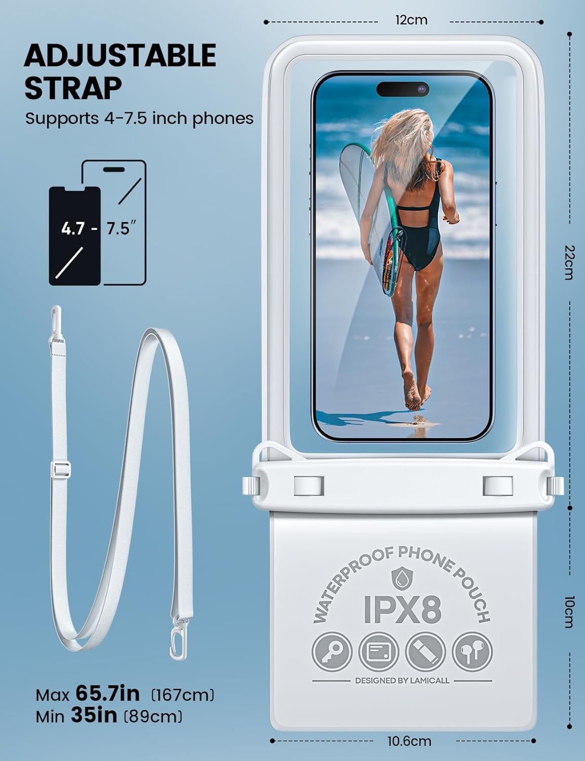 image:imageLamicall Double Bag Waterproof Phone Pouch IPX8 Waterproof Phone Case with Lanyard Beach Vacation Cruise Ship Essentials for iPhone 161413 Pro Max Galaxy 252423 475 WhiteWhite