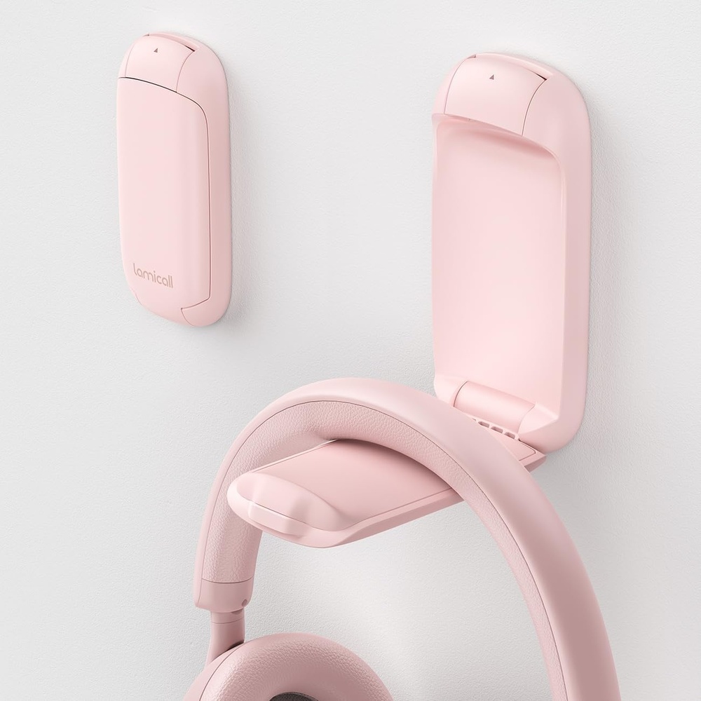 image:imageLamicall Headphone Stand Sticky Headset Holder Foldable Headphone Holder Compact Headphone Hook Mount Adhesive Hanger Clip Under Desk Earphone Clamp for Airpods Max HyperX Sennheiser BlackPink