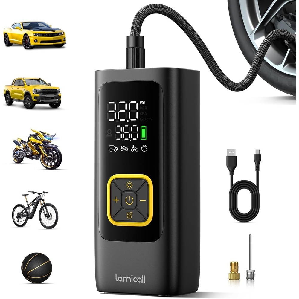 image:imageLamicall Car Tire Inflator Portable Air Compressor 4X Faster 150 PSI with Auto Stop Rechargeable Pressure Gauge Display LED Light Car Accessories Automatic Air Pump for Motorcycle Bike BallBlack