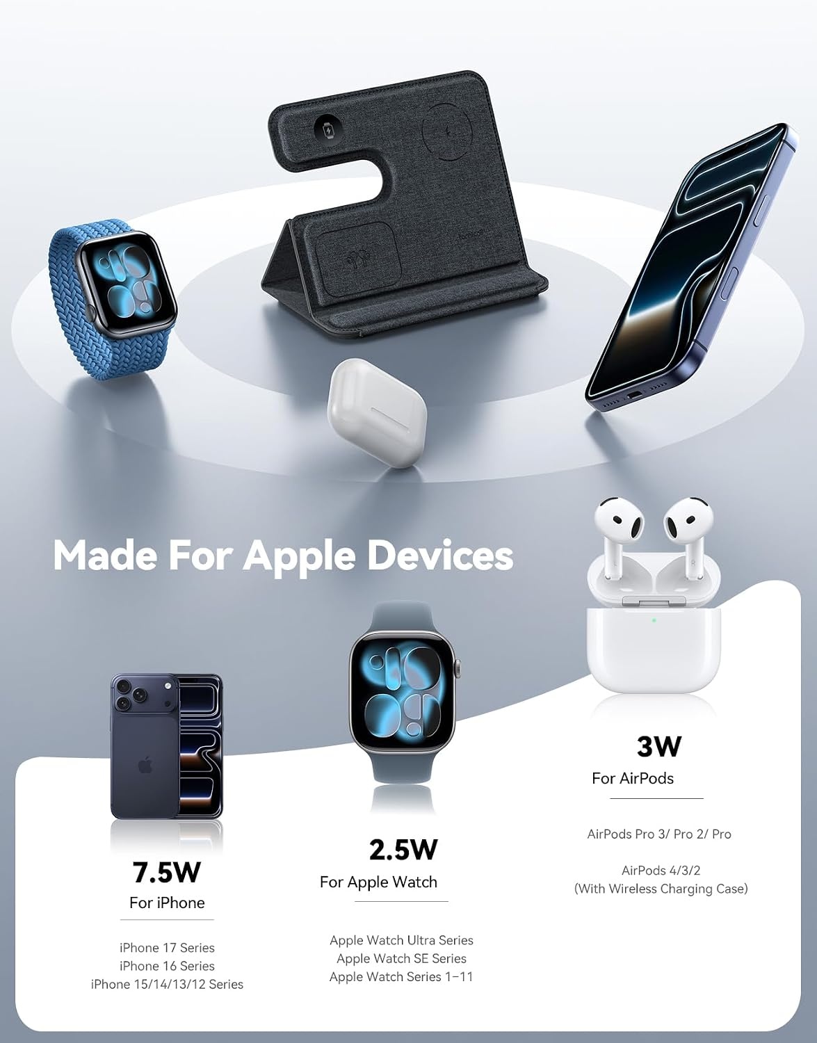 image:imageLamicall 3 in 1 Charging Station for Apple Foldable Travel Charger Stand 17mm UltraSlim PU Leather Finish Wireless Charger Pad for MagSafe Overheat Protection for iPhone Apple Watch amp AirPods