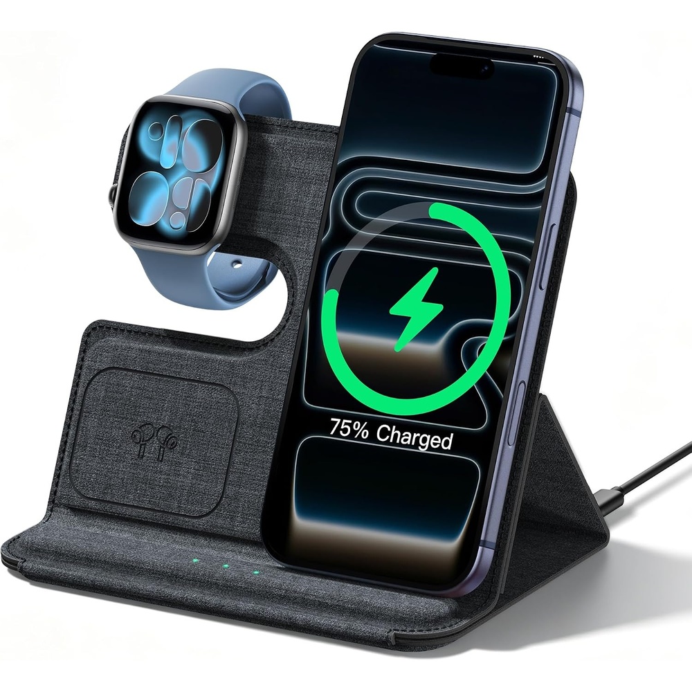 image:imageLamicall 3 in 1 Charging Station for Apple Foldable Travel Charger Stand 17mm UltraSlim PU Leather Finish Wireless Charger Pad for MagSafe Overheat Protection for iPhone Apple Watch amp AirPods