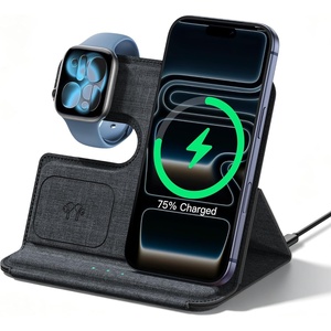 Lamicall 3 in 1 Charging Station for Apple – Foldable Travel Charger Stand | 17mm Ultra-Slim PU Leather Finish, Wireless Charger Pad for MagSafe, Overheat Protection for iPhone, Apple Watch & AirPods
