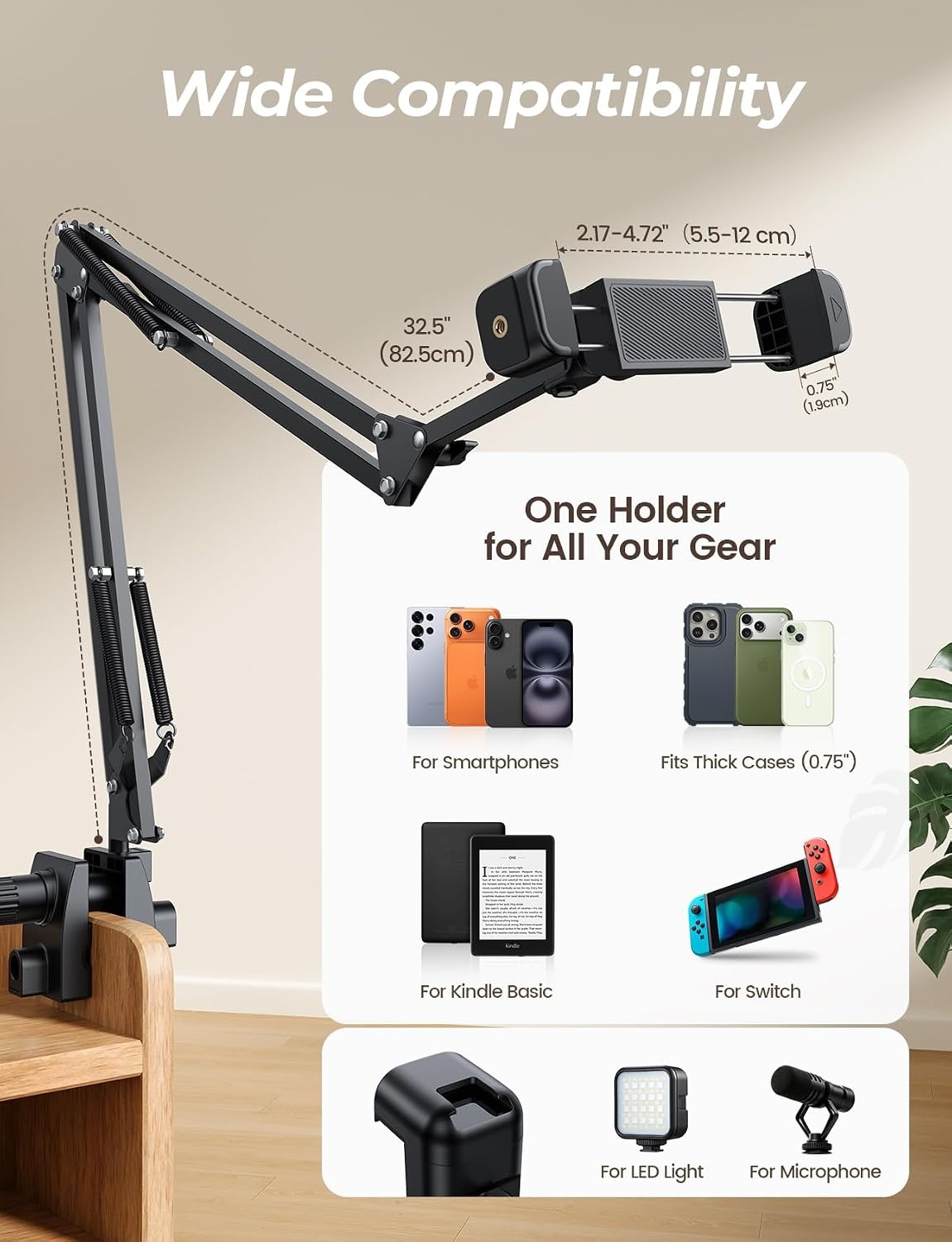 image:imageLamicall Phone Holder for Bed amp Desk 325 Flexible Carbon Steel Arm MountBlack
